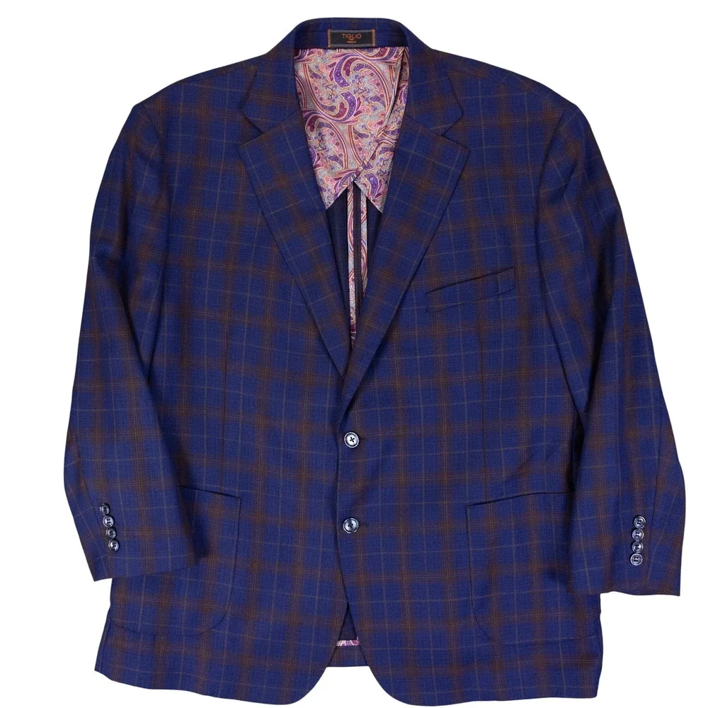 Tiglio Luxe Modern Fit Blazer Mens 52R Blue Plaid Wool Paisley Lining Biella